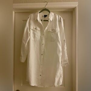 Linen White Button-Down Shirt Dress by French Curve XL NWOT